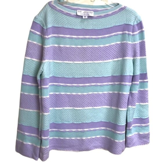 St. John Vintage Pastel Striped Scalloped Textured Sweater Crew Neck Top Knit M - Picture 2 of 13